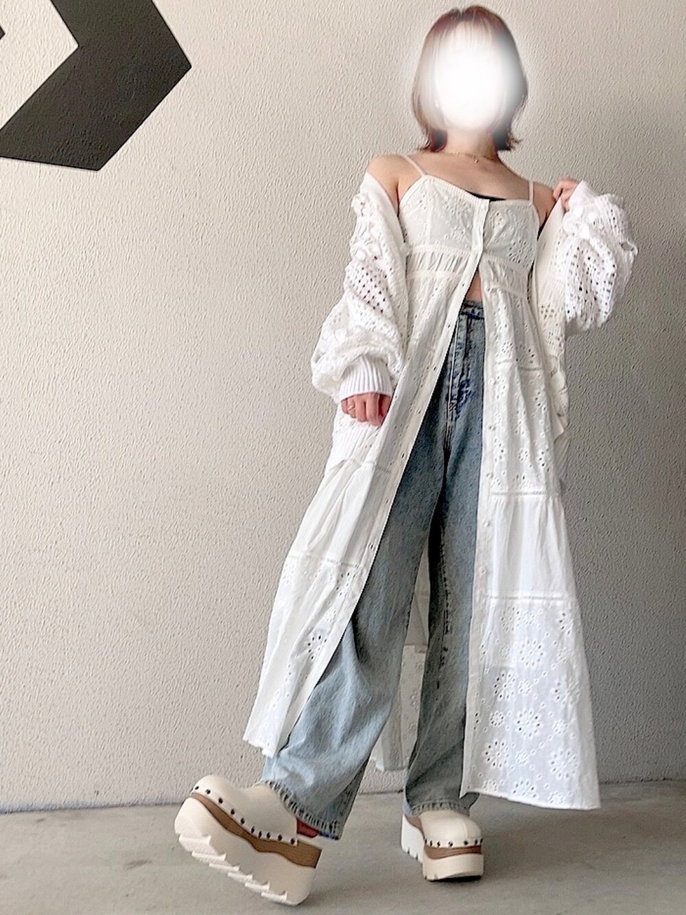 ホワイト系のサンダル、ホワイト系のカーディガン/ボレロ、ホワイト系のワンピース/ドレスを着用したレディースの夏コーディネートの3枚目の写真