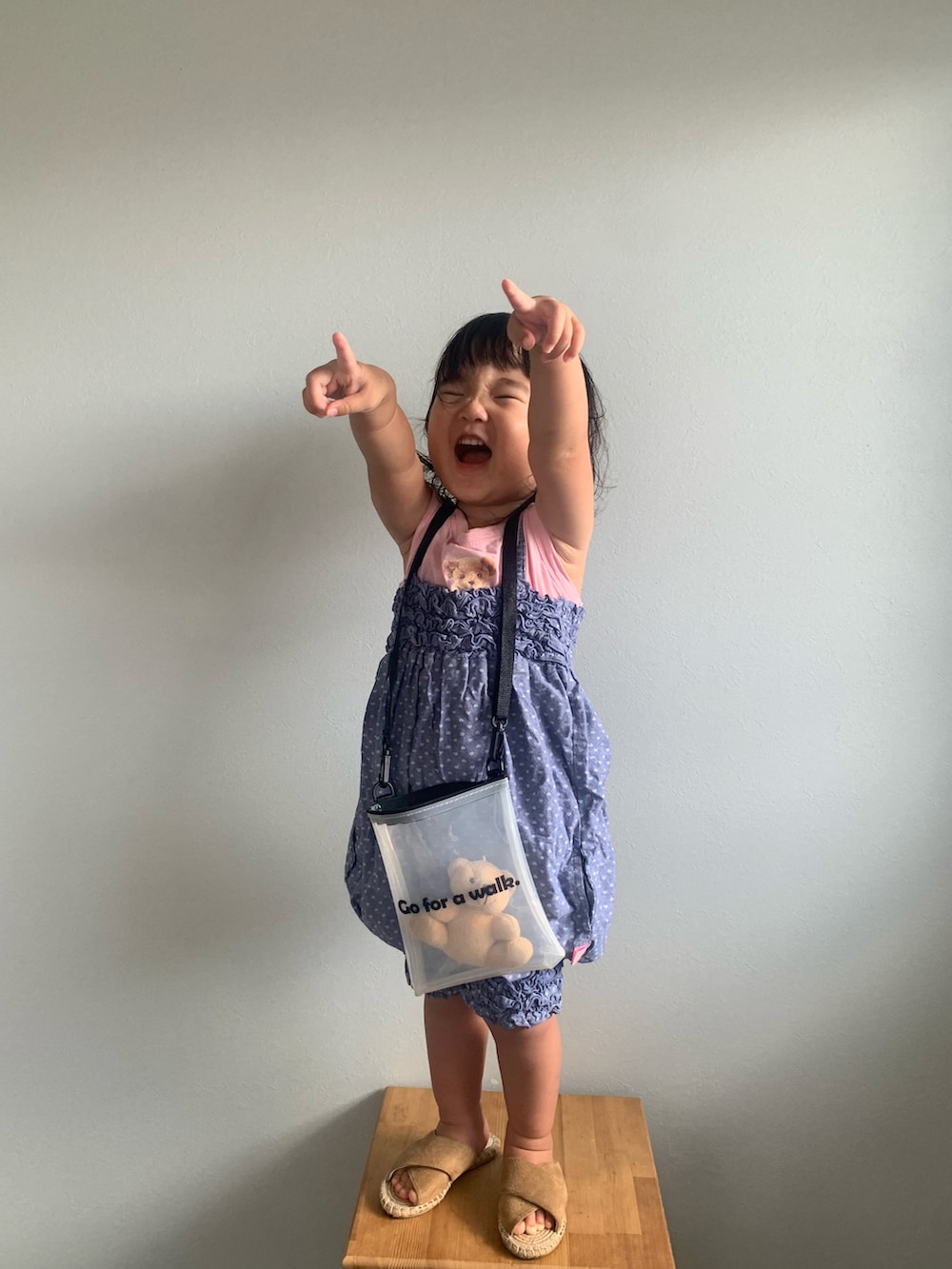 「デニムっていいよね、夏コーデ、キッズファッション、カジュアルコーデ、2歳女の子、韓国子供服、ショルダーバッグ、ポシェット、クリアバッグ、ドット」｜「no brandのアイテム（サロペット/オーバーオール、ブルー系）」を使った、いちふぅ姉妹さん（キッズ・110cm）の夏コーディネートの2枚目の写真