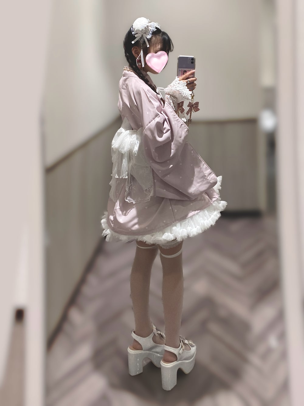 「いいね、save、フォローお願いします🤑、浴衣、浴衣女子、浴衣コーデ、浴衣ドレス、量産型、量産型女子、かわいい、ガーリー、浴衣アレンジ、チャイナ、ピンク、パニエ、ガーターベルト、レース」｜「Ank Rougeのハートドット浴衣（浴衣、ピンク系）」を使った、🐰ㅤメ ｲ ﾒ ｲㅤ🐰さん（骨格ストレート・レディース・154cm）の夏コーディネートの2枚目の写真