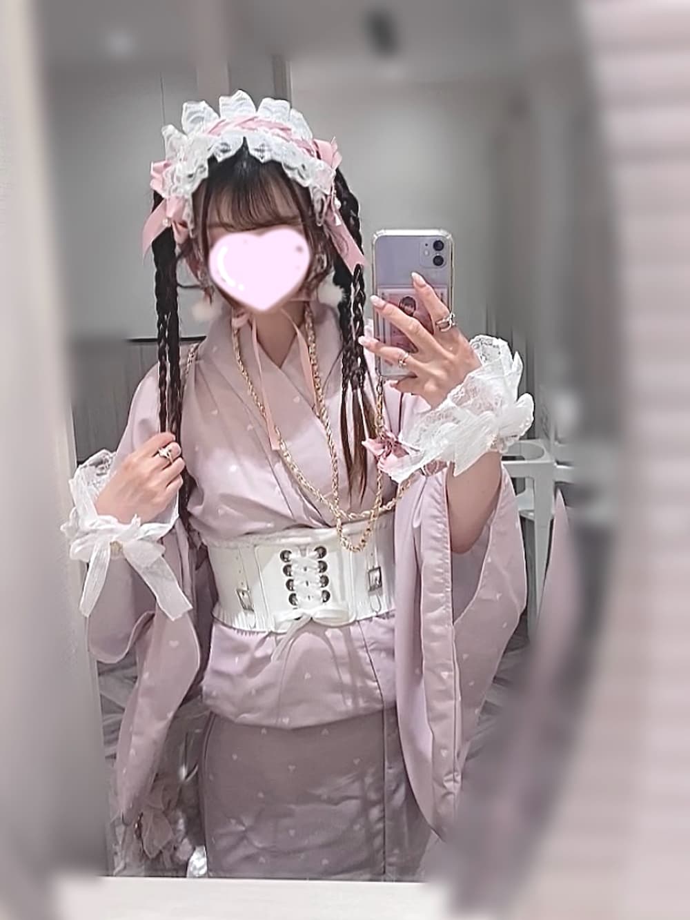「いいね、save、フォローお願いします🤑、ガーリー、甘め、かわいい、量産型、量産型ヲタク、量産型コーデ、量産型女子、浴衣、ヘッドドレス、ハート柄、コルセット、Bemqin、浴衣女子、お祭り」｜「Ank Rougeのハートドット浴衣（浴衣、ピンク系）」を使った、🐰ㅤメ ｲ ﾒ ｲㅤ🐰さん（骨格ストレート・レディース・154cm）の夏コーディネートの2枚目の写真