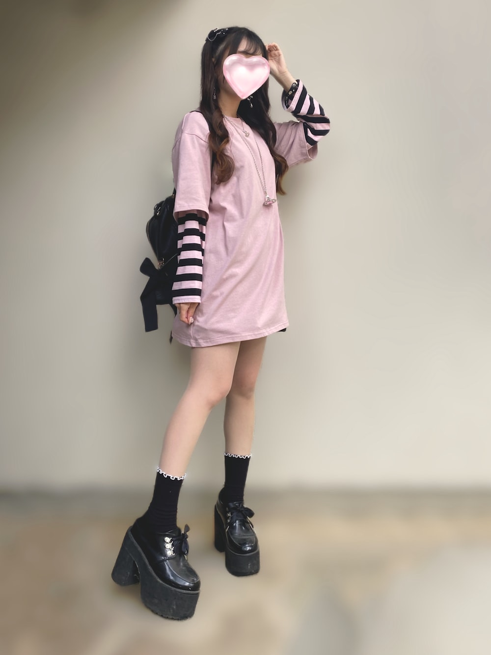 pium teddy friends オーバーサイズロングTシャツ 地雷 ピンク pium