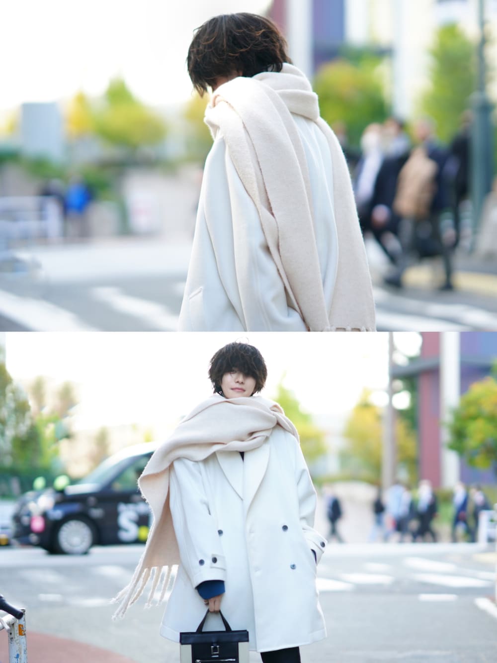 ブルー系のデニムパンツ、グリーン系のニット/セーター、ベージュ系のトートバッグを着用したメンズの秋コーディネートの2枚目の写真