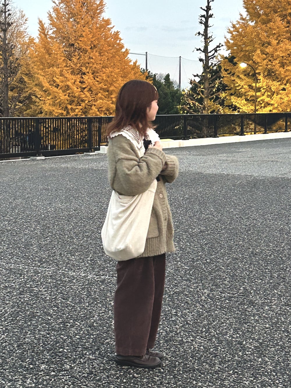 グリーン系のカーディガン/ボレロ、ベージュ系のショルダーバッグ、ブラウン系のその他パンツを着用したレディースの冬コーディネートの2枚目の写真