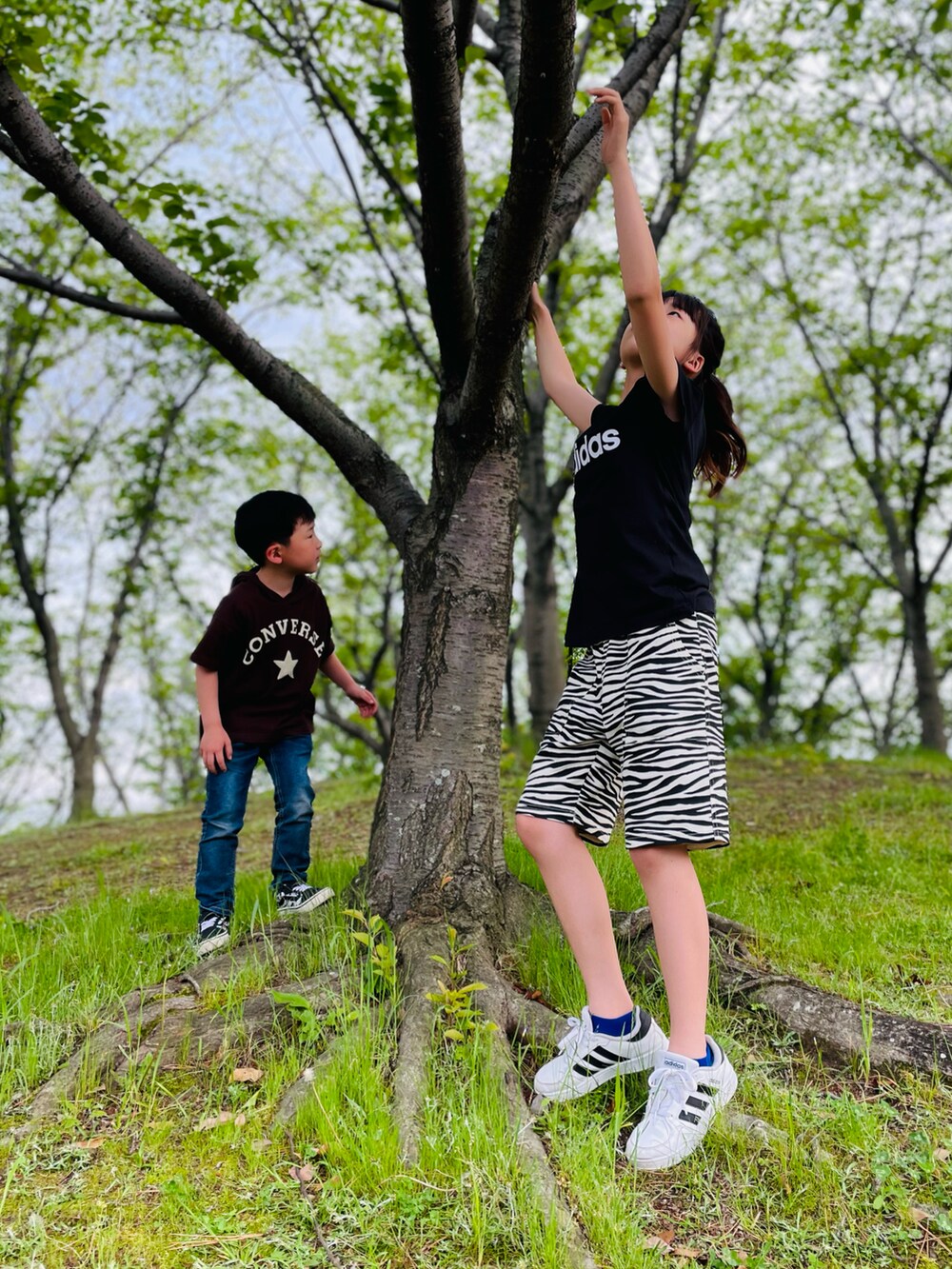 ブラック系のTシャツ/カットソー、グレー系のその他パンツ、ホワイト系のスニーカーを着用したキッズの春コーディネートの2枚目の写真