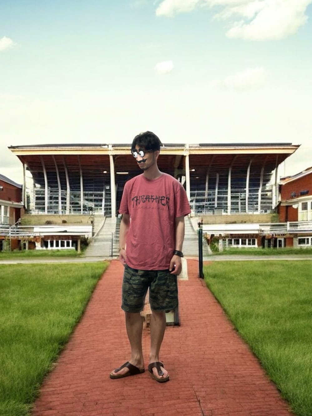 その他のカーゴパンツ、レッド系のTシャツ/カットソー、ブラウン系のサンダルを着用したメンズの夏コーディネートの2枚目の写真