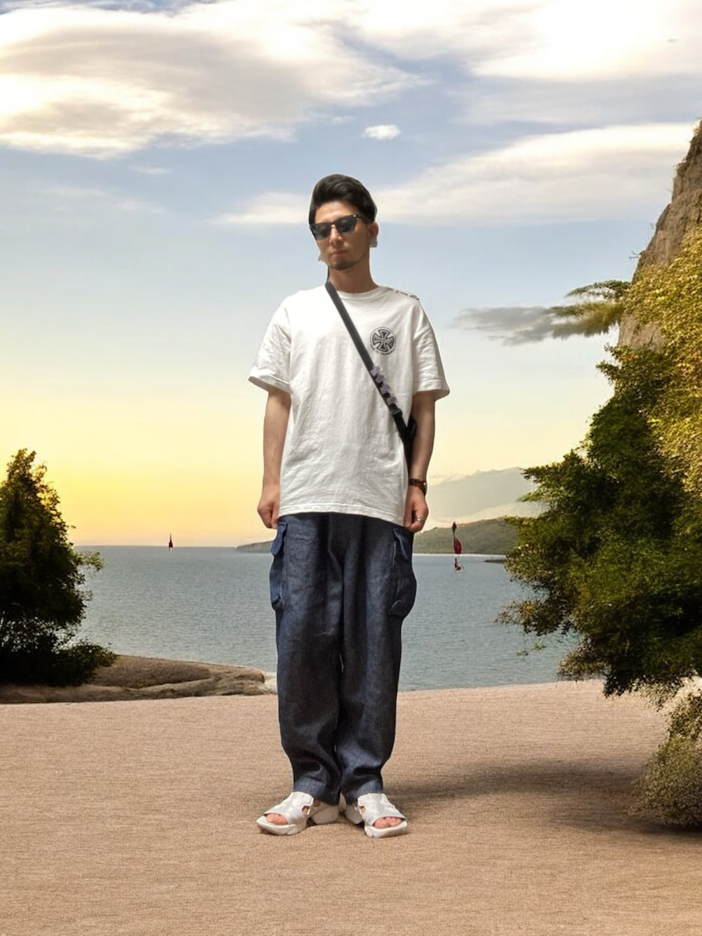 「おじさん、あごひげ、もみあげ、Tシャツ、デニムカーゴパンツ、サンダル、ポンプフューリーサンダル、メタリカ、ジョジョの奇妙な冒険、リゾット・ネエロ」｜「ReebokのReebok/リーボック INSTAPUMP FURY SANDAL/インスタ ポンプ フューリー サンダル（サンダル、グレー系）」を使った、モミヒゲさん（メンズ・175cm）の夏コーディネートの3枚目の写真
