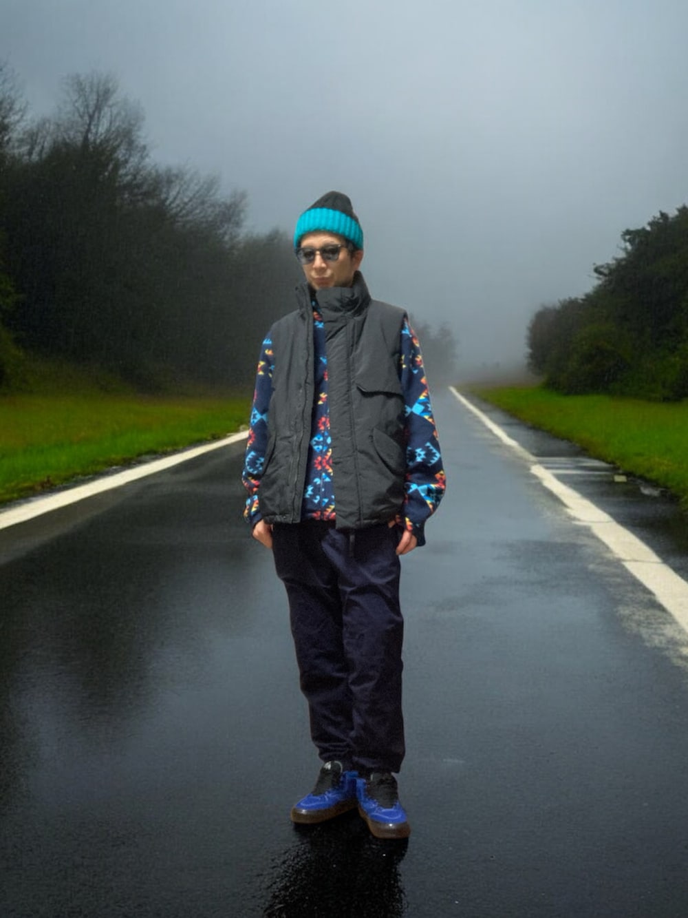 ブルー系のスニーカー、ブルー系のその他アウター、ブラック系のダウンベストを着用したメンズの冬コーディネートの2枚目の写真