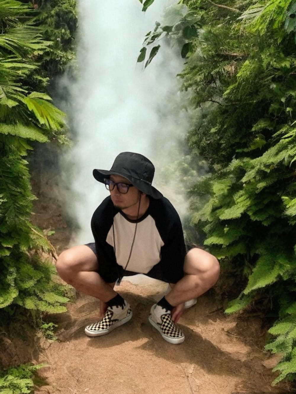 「おじさん、あごひげ、もみあげ、アドベンチャーハット、ラグランTシャツ、ショートパンツ、スニーカー、スリッポン、梅雨のハーフパンツ祭り、梅雨のカエル祭り」｜「FREAK'S STOREの【限定展開】コットンナイロン イージーショーツ/レオパード/バンダナ柄（その他パンツ、グレー系）」を使った、モミヒゲさん（メンズ・175cm）の夏コーディネートの5枚目の写真