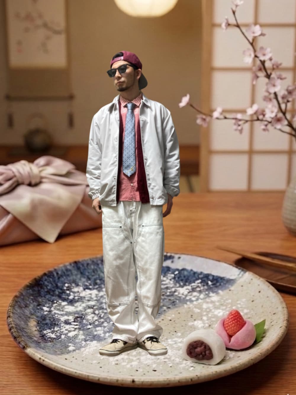 レッド系のカーディガン/ボレロ、ピンク系のシャツ/ブラウス、シルバー系のナイロンジャケットを着用したメンズの春コーディネートの2枚目の写真