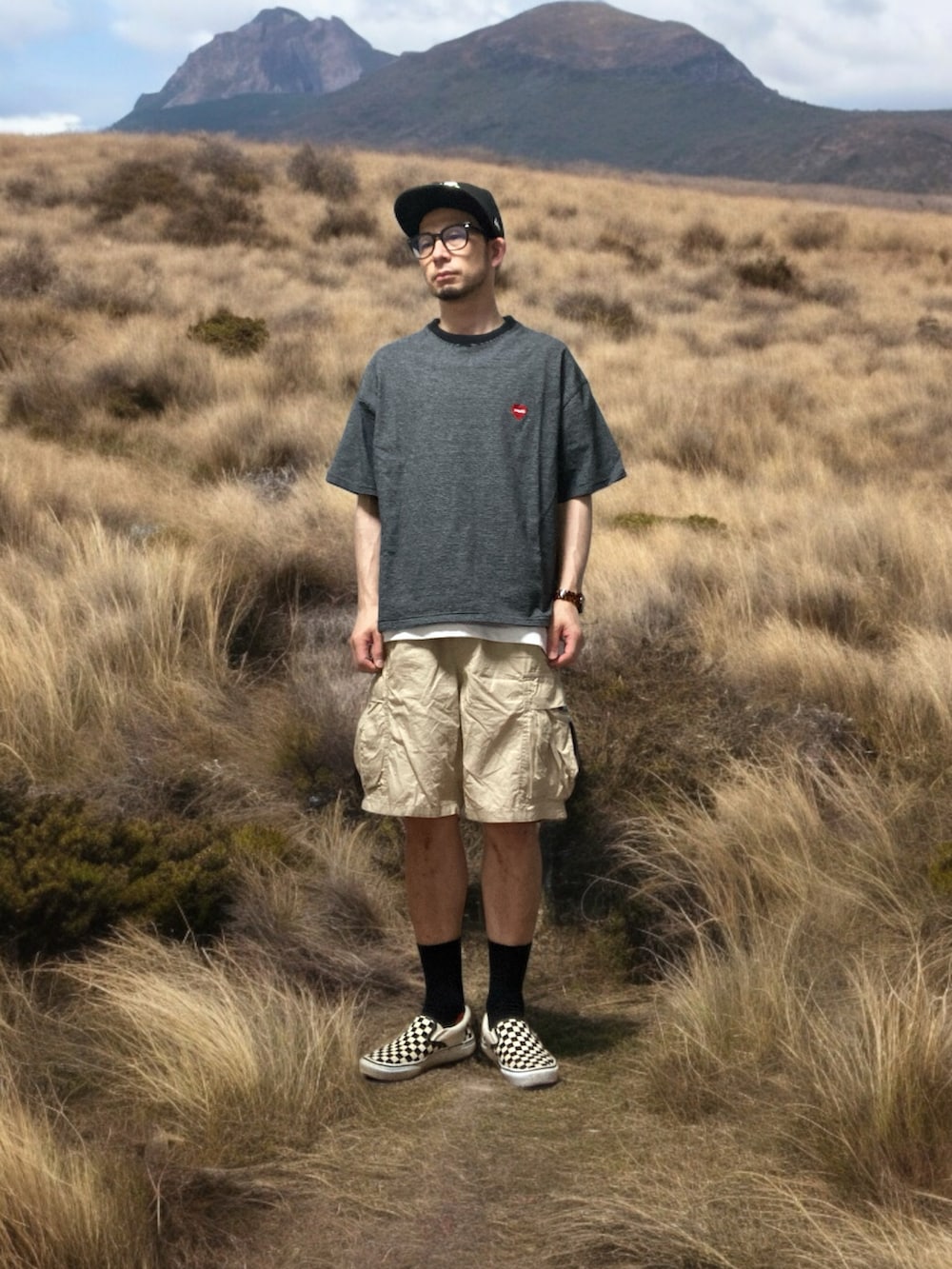 「おじさん、あごひげ、もみあげ、キャップ、ボーダーTシャツ、カーゴショーツ、スニーカー、スリッポン、グレムリン、サザエさん、波平」｜「VANSのVANS: CLASSIC SLIP-ON CHECKER チェック スリッポン（スリッポン、ホワイト系）」を使った、モミヒゲさん（メンズ・175cm）の夏コーディネートの2枚目の写真