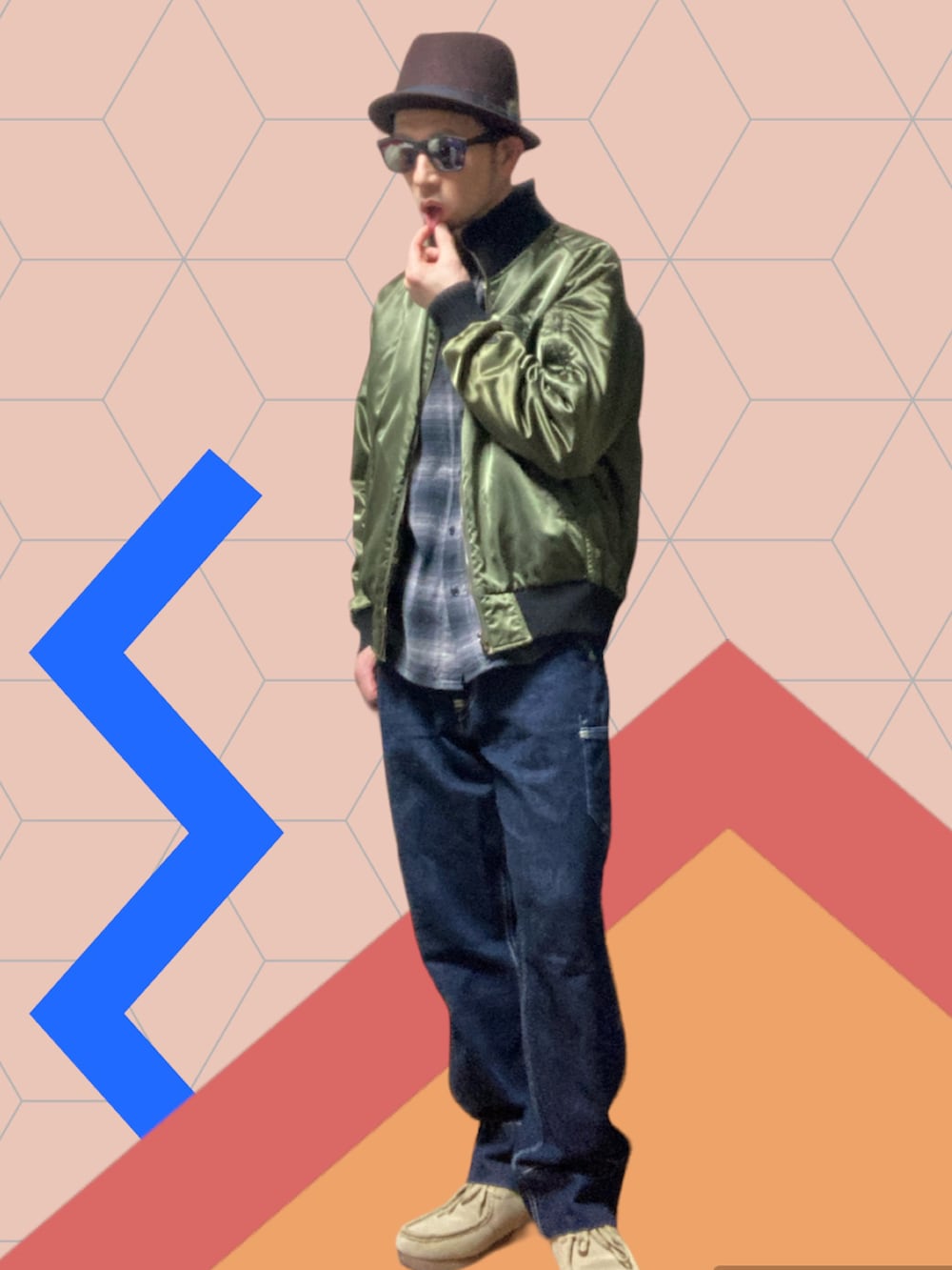 「おじさん、あごひげ、もみあげ、ハット、リバーシブルブルゾン、オンブレーチェックシャツ、デニムパンツ、モカシンシューズ、春のNewスタイル」｜「NEW YORK HATのアイテム（ハット、ブラウン系）」を使った、モミヒゲさん（メンズ・175cm）の春コーディネートの3枚目の写真