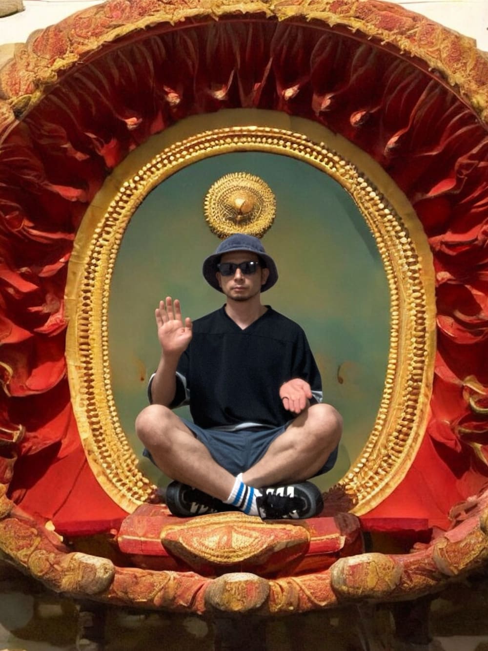 ブラック系のTシャツ/カットソー、ブルー系のカーゴパンツ、ブラック系のスニーカーを着用したメンズの夏コーディネートの5枚目の写真