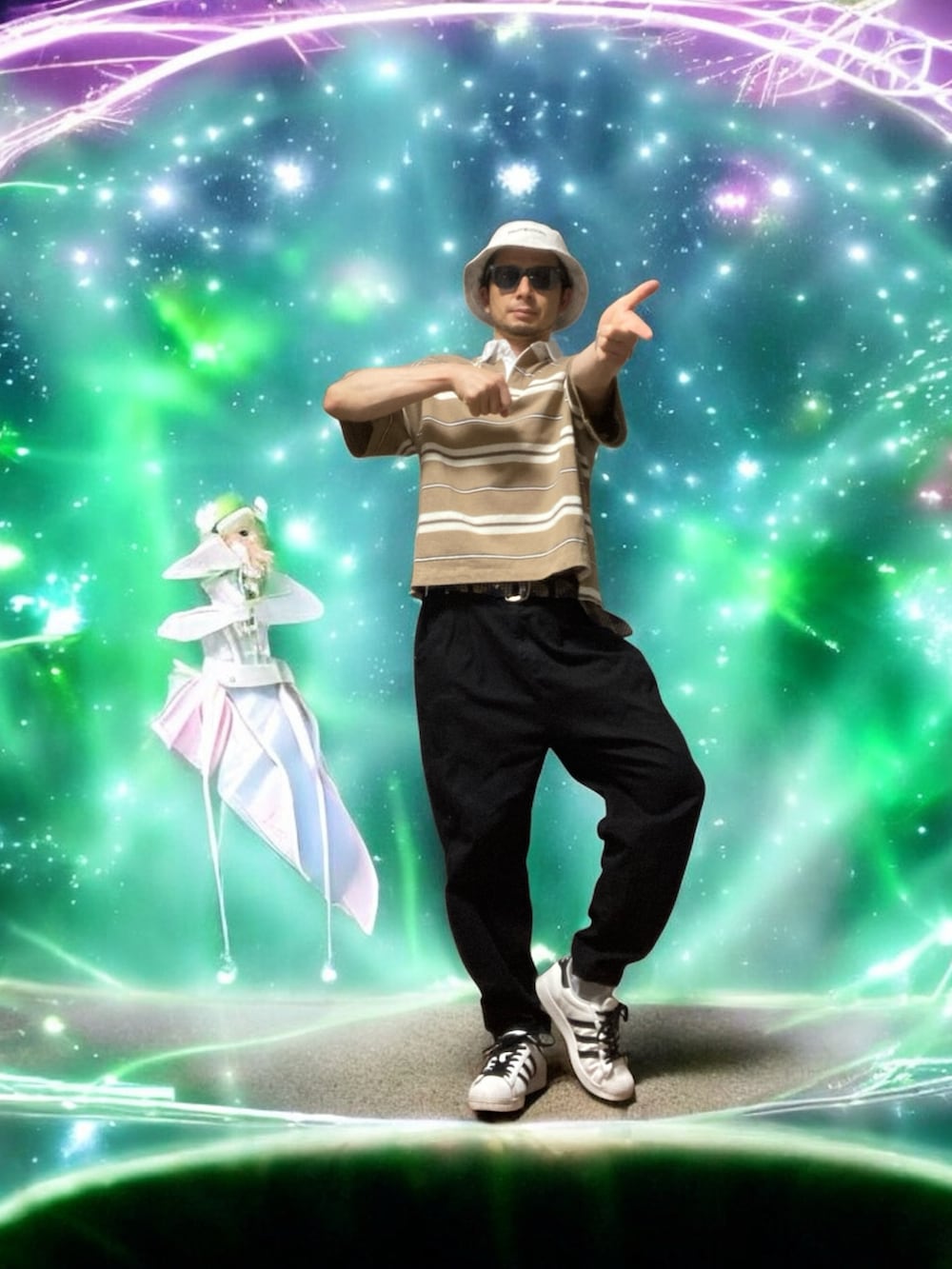 ブラック系のデニムパンツ、ブラウン系のポロシャツ、ホワイト系のスニーカーを着用したメンズの夏コーディネートの4枚目の写真