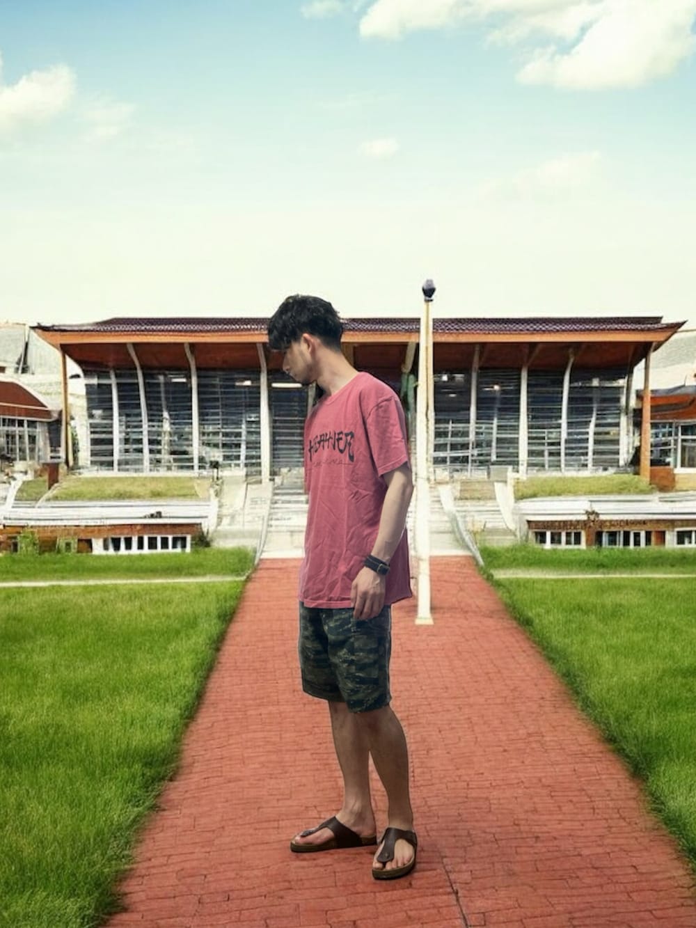 その他のカーゴパンツ、レッド系のTシャツ/カットソー、ブラウン系のサンダルを着用したメンズの夏コーディネートの3枚目の写真