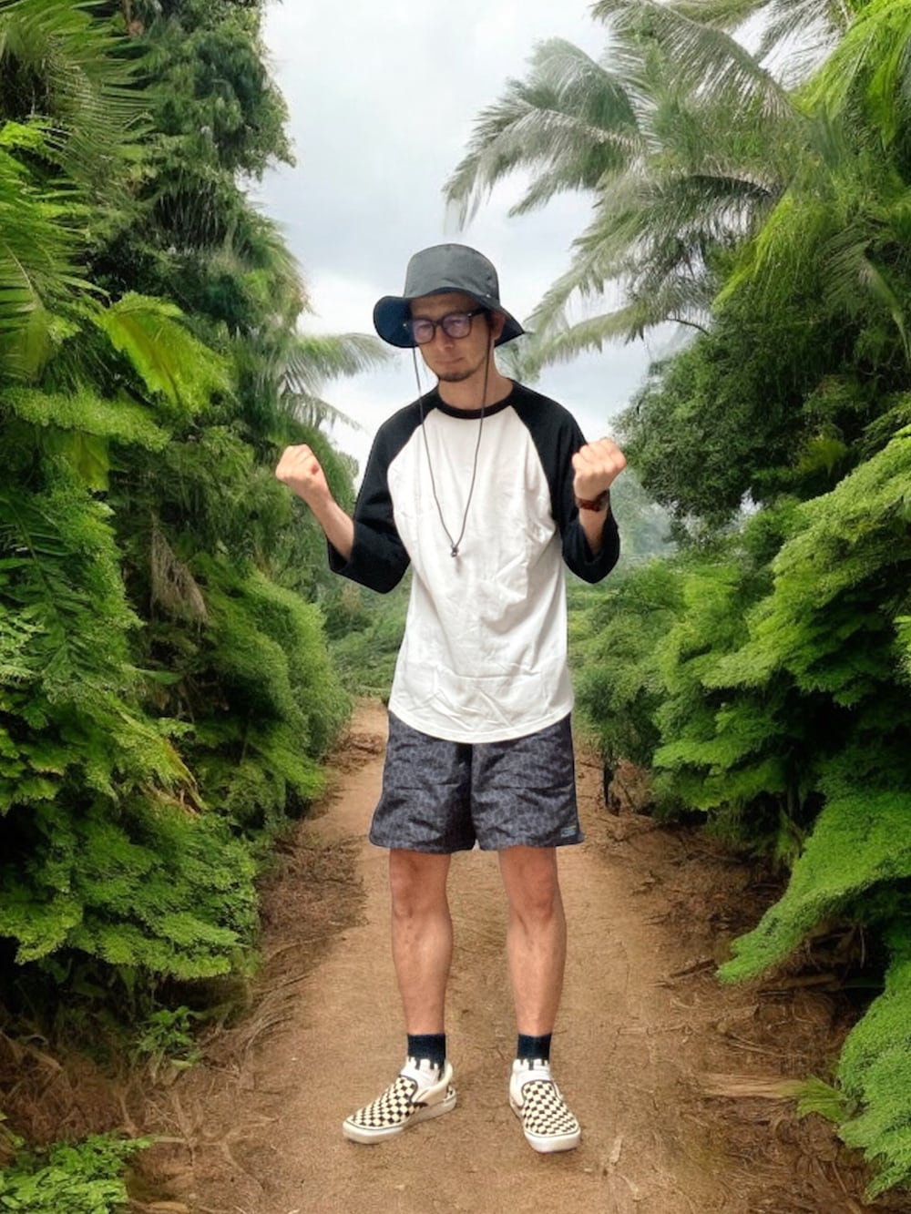 「おじさん、あごひげ、もみあげ、アドベンチャーハット、ラグランTシャツ、ショートパンツ、スニーカー、スリッポン、梅雨のハーフパンツ祭り、梅雨のカエル祭り」｜「FREAK'S STOREの【限定展開】コットンナイロン イージーショーツ/レオパード/バンダナ柄（その他パンツ、グレー系）」を使った、モミヒゲさん（メンズ・175cm）の夏コーディネートの4枚目の写真