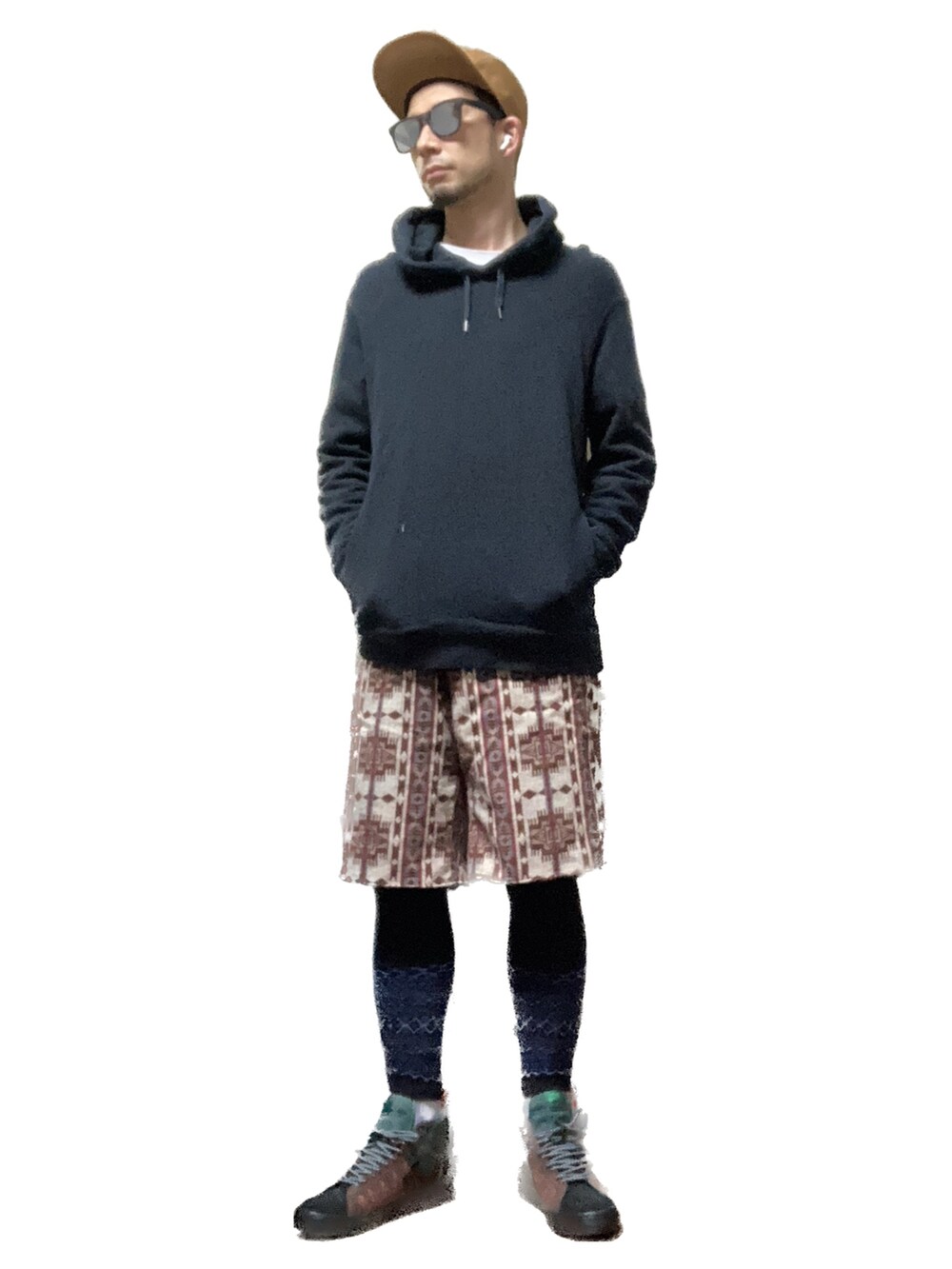 「おじさん、あごひげ、もみあげ、ニット帽、パーカー、ショートパンツ、タイツ、スニーカー、重ね着ベストシーズン」｜「UNIQLOのスウェットプルパーカ（長袖）（パーカー、ブラック系）」を使った、モミヒゲさん（メンズ・175cm）の秋コーディネートの3枚目の写真