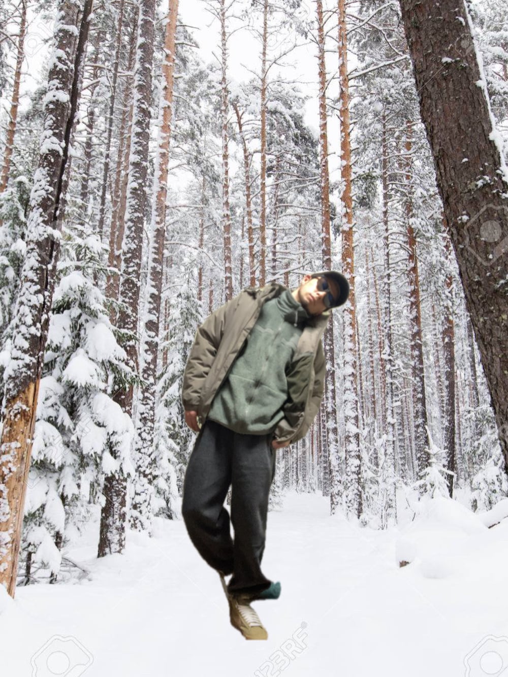 グレー系のその他パンツ、ベージュ系のスニーカー、グレー系のミリタリージャケットを着用したメンズの冬コーディネートの3枚目の写真