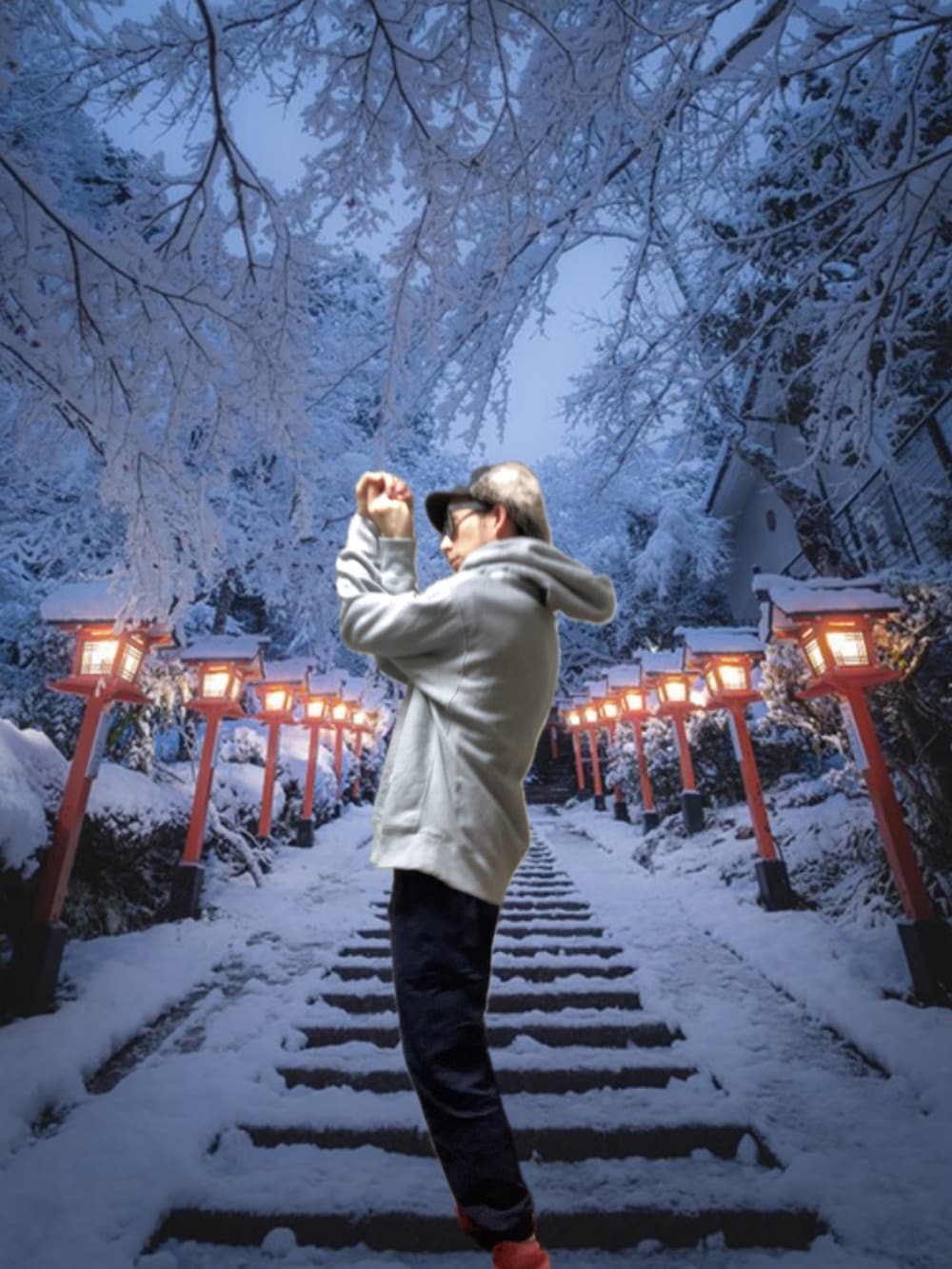 ブルー系のその他パンツ、レッド系のスニーカー、グレー系のミリタリージャケットを着用したメンズの冬コーディネートの4枚目の写真