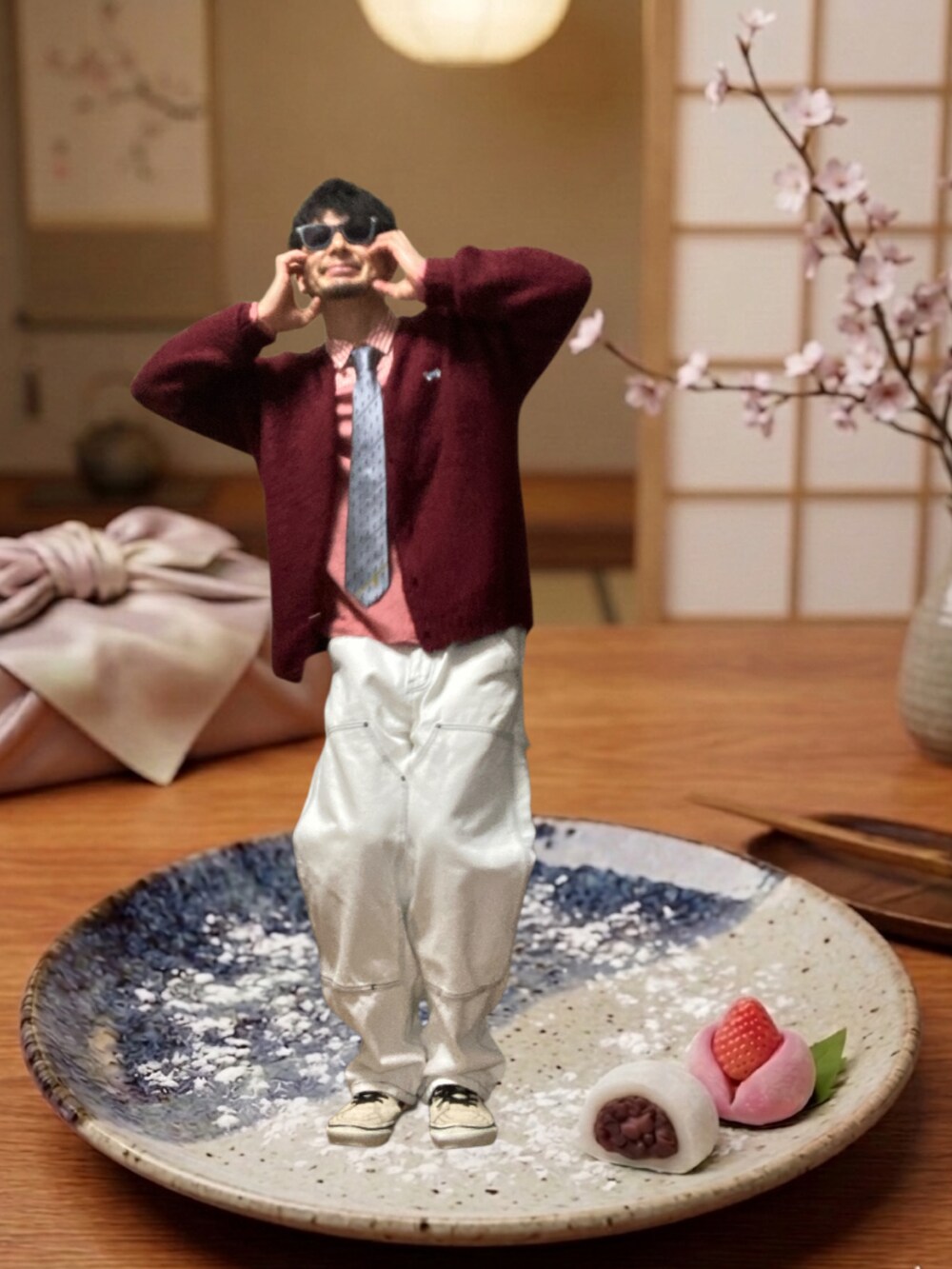 レッド系のカーディガン/ボレロ、ピンク系のシャツ/ブラウス、シルバー系のナイロンジャケットを着用したメンズの春コーディネートの5枚目の写真