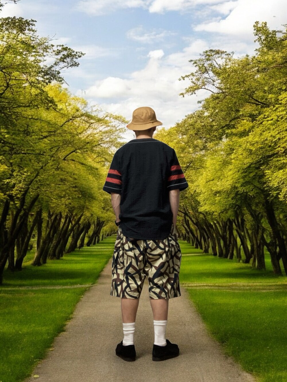 ベージュ系のその他パンツ、ブラック系のトップス、ブラック系のモカシン/デッキシューズを着用したメンズの夏コーディネートの4枚目の写真