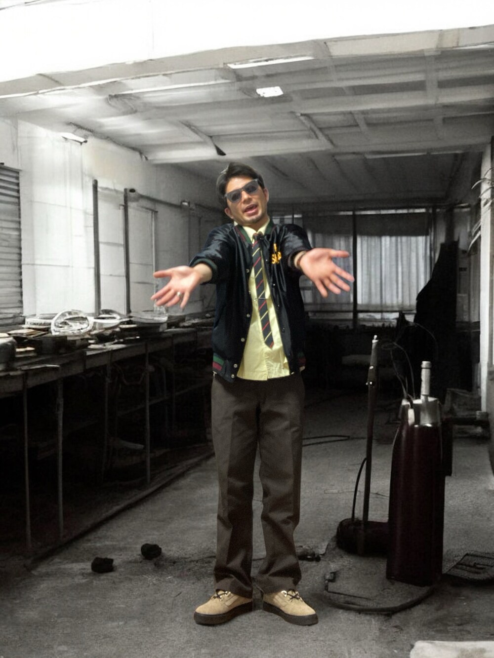 ブラウン系のチノパンツ、イエロー系のシャツ/ブラウス、ブラック系のノーカラージャケットを着用したメンズの秋コーディネートの4枚目の写真