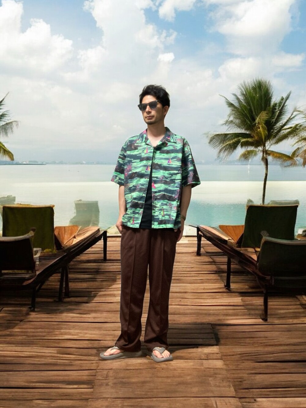 グリーン系のシャツ/ブラウス、ブラウン系のその他パンツ、ベージュ系のサンダルを着用したメンズの夏コーディネートの2枚目の写真