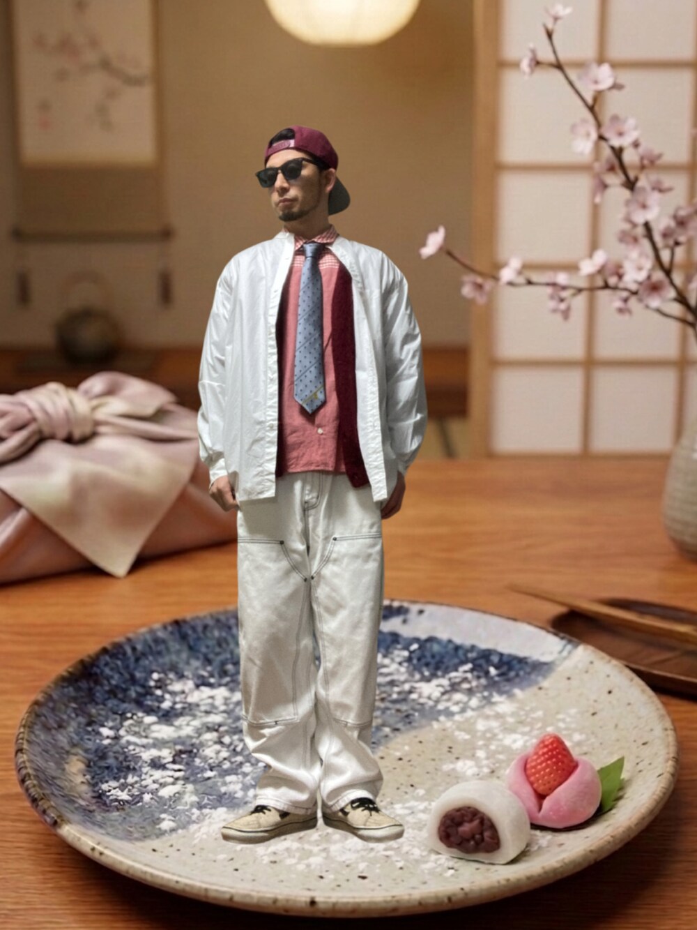 レッド系のカーディガン/ボレロ、ピンク系のシャツ/ブラウス、シルバー系のナイロンジャケットを着用したメンズの春コーディネートの3枚目の写真