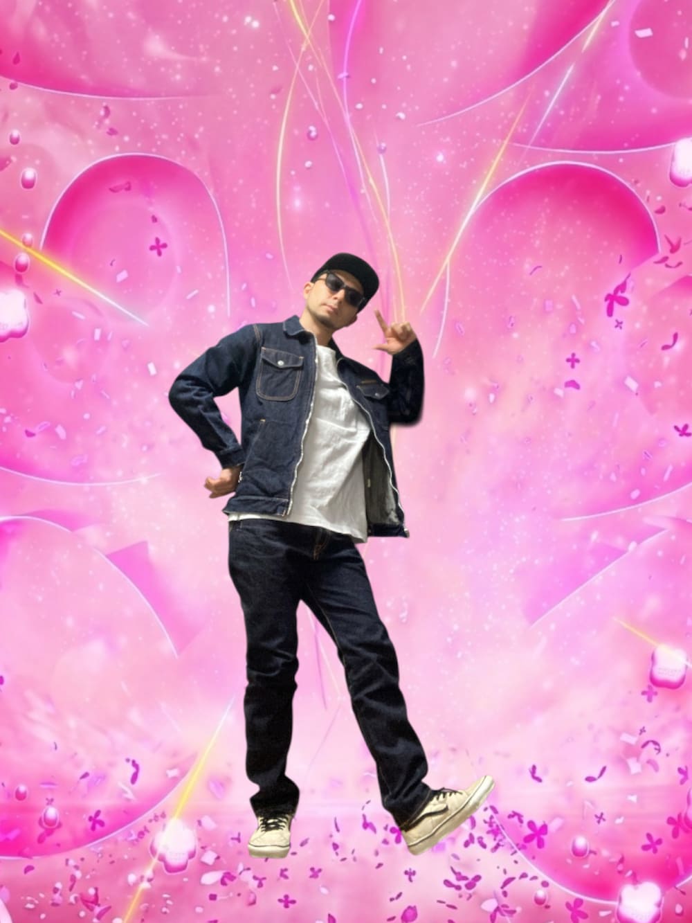 ブルー系のデニムジャケット、ブルー系のデニムパンツ、ホワイト系のスニーカーを着用したメンズの春コーディネートの5枚目の写真