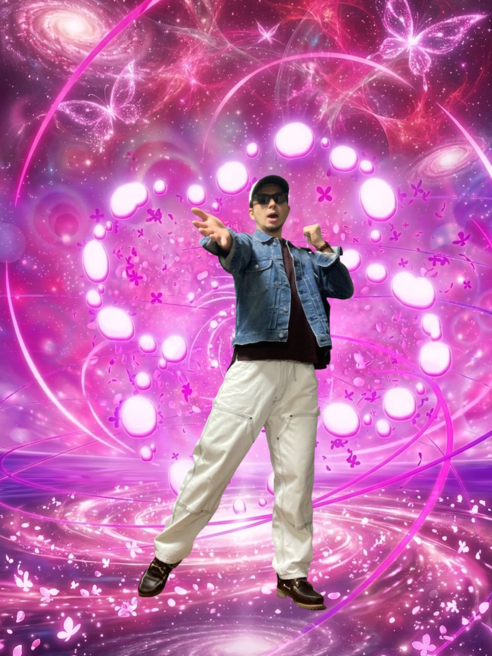 ブラウン系のモカシン/デッキシューズ、レッド系のTシャツ/カットソー、ブルー系のデニムジャケットを着用したメンズの春コーディネートの4枚目の写真