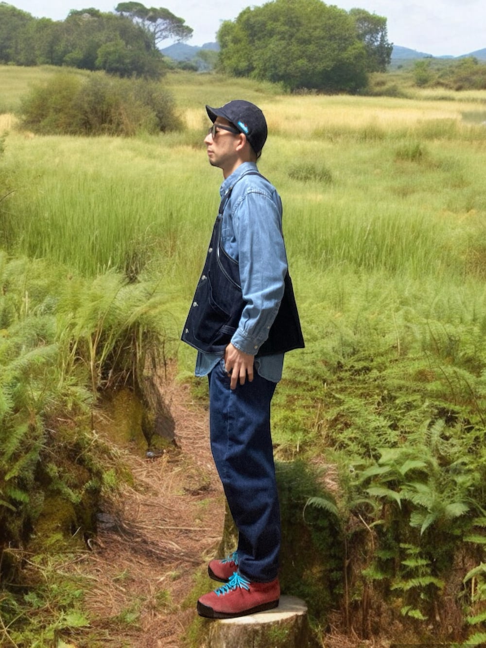 「おじさん、あごひげ、もみあげ、デニムキャップ、デニムベスト、デニムシャツ、デニムパンツ、スニーカー、エアマグマ、D4C、電撃ネットワーク、レイヤードスタイル」｜「Levi'sの【LEVI'S】ＬＥＪ５７０バギーテーパー（デニムパンツ、ブルー系）」を使った、モミヒゲさん（メンズ・175cm）の春コーディネートの2枚目の写真