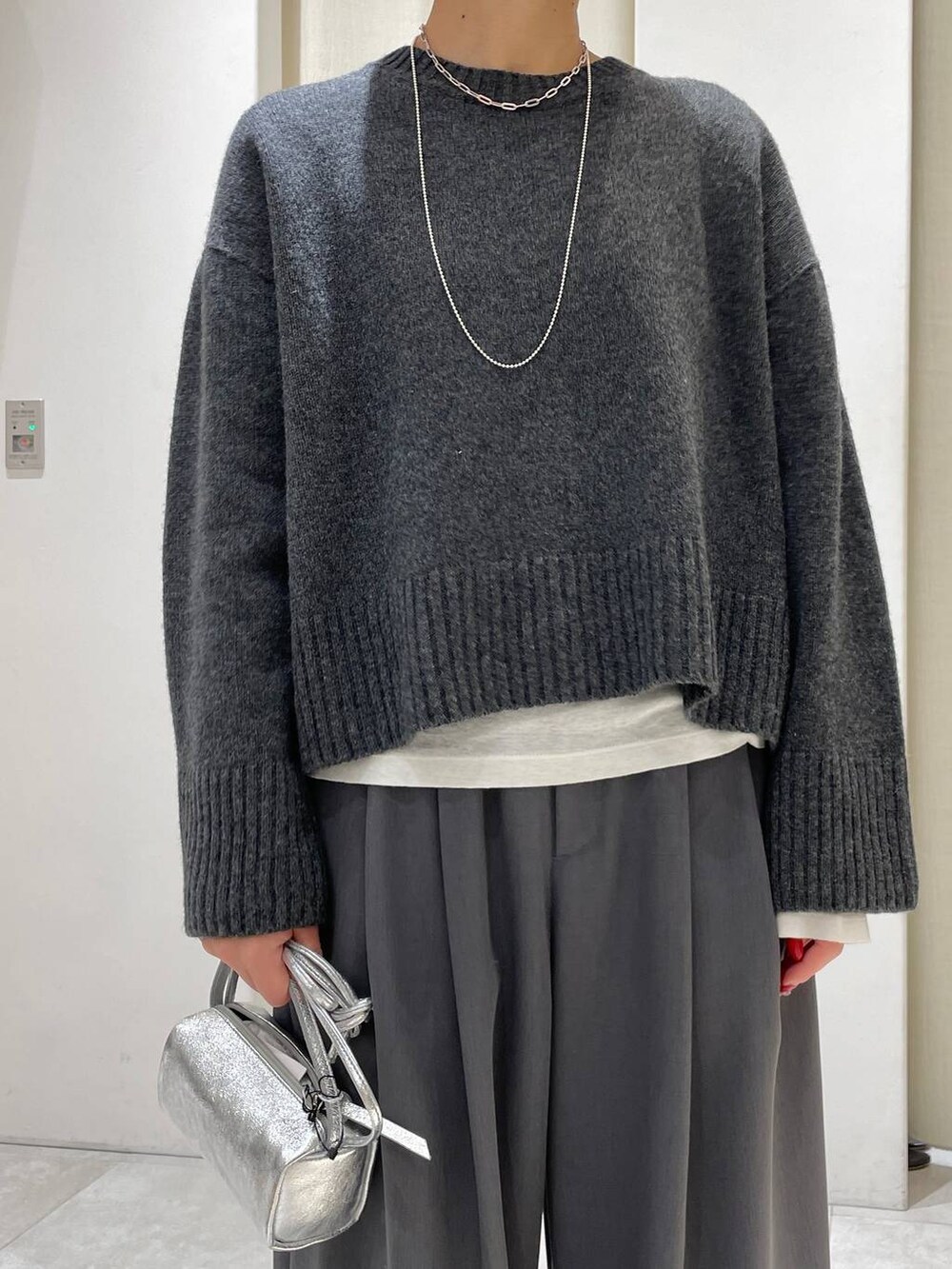 シルバー系のショルダーバッグ、ホワイト系のTシャツ/カットソー、グレー系のその他パンツを着用したレディースの冬コーディネートの4枚目の写真