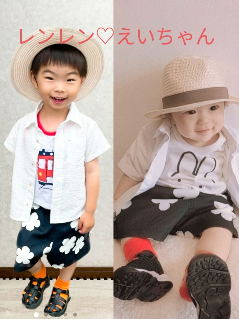 「カジュアルコーデ、休日スタイル、初夏コーデ、ショートパンツ、ハーフパンツ、シャツスタイル、おしゃれさんと繋がりたい、0歳、ベビーコーデ、赤ちゃん、カラーパンツ、むすこーで、リンクコーデ、リンリン♡きょうちゃん♡ありがと❤️、シンプルコーデ」|「♡レンレン♡きょうちゃん♡ありがと🌷のアイテム(その他、その他)」を使った、EITOさん(キッズ・70cm)の春コーディネートの4枚目の写真