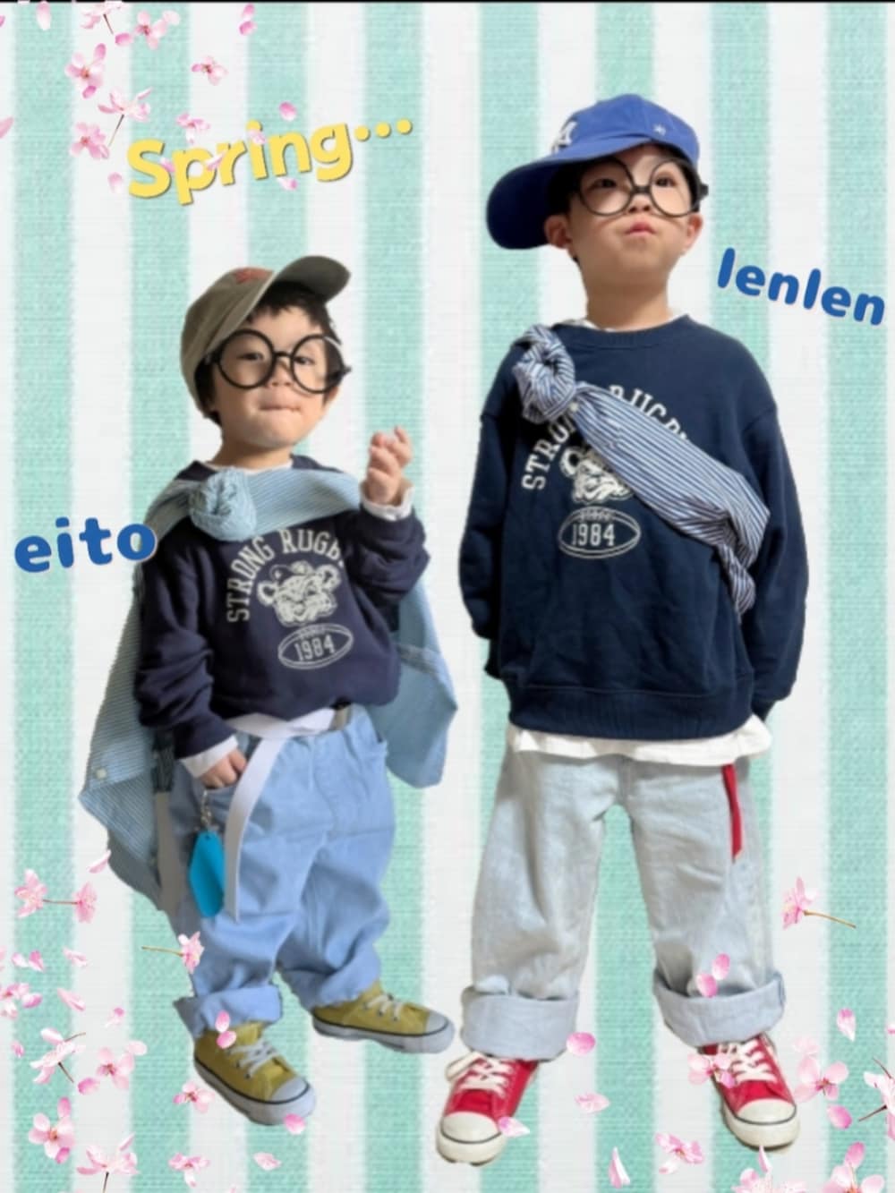 「今日のコーデ、メガネ男子、2歳、UNIQLO、ユニクロ、converse、ストライプ、デニムパンツ、スウェット、レイヤードスタイル、ガチャベルト、ローリーズスタイル_LOWRYS FARM、春コーデ、春服、リンクコーデ」|「FRUIT OF THE LOOMのFRUIT OF THE LOOM Pigment kids LOW CAP(キャップ、ベージュ系)」を使った、EITOさん(キッズ・90cm)の冬コーディネートの3枚目の写真