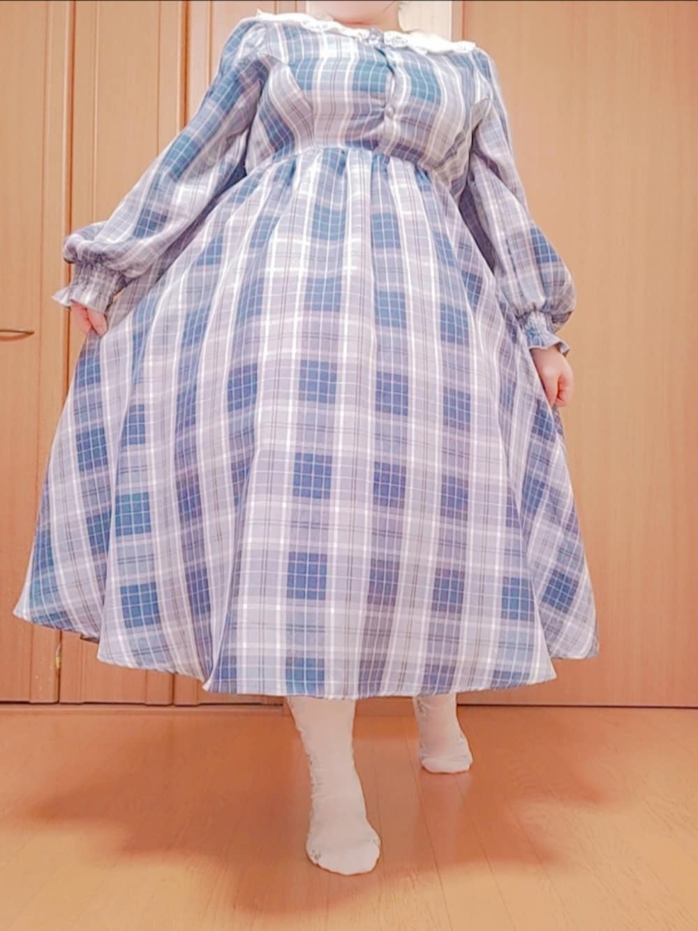 「青木美沙子さんコラボ、しまむらコーデ、しまむら、パニエ、チェック柄に恋してる、シナモンコーデ、ぽっちゃり、ぽっちゃりでもおしゃれしたい！、プラスサイズ、4L、かわいい、春色、プチプラコーデ、大きいサイズレディースファッション」｜「しまむらの青木美沙子 サンリオコラボシナモン（ワンピース、ブルー系）」を使った、きゅるᵕ̈໒꒱·̩͙🔰さん（骨格ウェーブ・レディース・155cm）の春コーディネートの2枚目の写真
