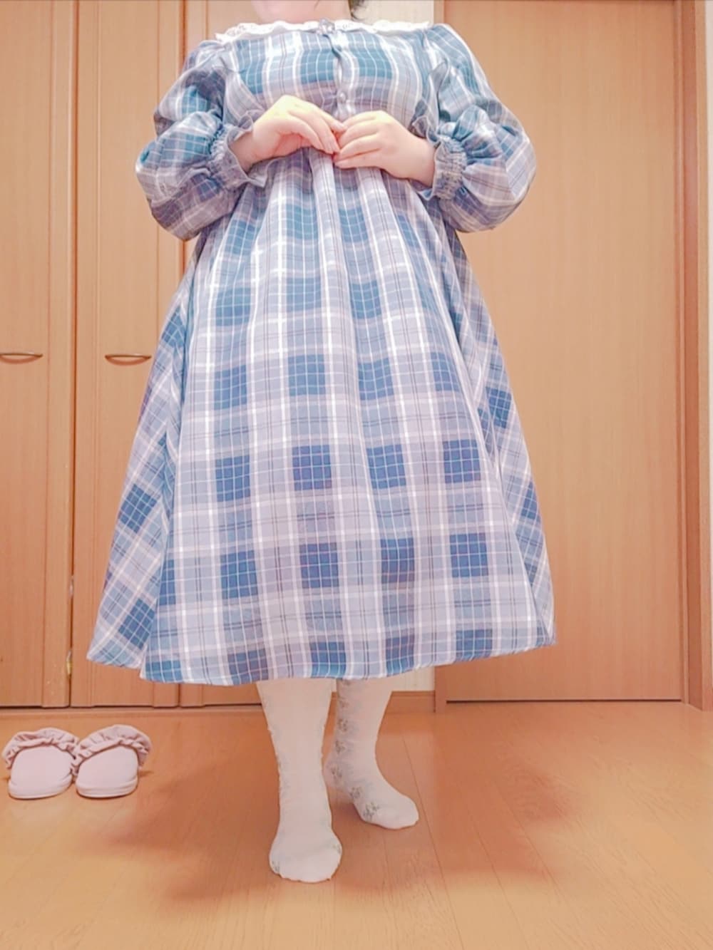 「青木美沙子さんコラボ、しまむらコーデ、しまむら、パニエ、チェック柄に恋してる、シナモンコーデ、ぽっちゃり、ぽっちゃりでもおしゃれしたい！、プラスサイズ、4L、かわいい、春色、プチプラコーデ、大きいサイズレディースファッション」｜「しまむらの青木美沙子 サンリオコラボシナモン（ワンピース、ブルー系）」を使った、きゅるᵕ̈໒꒱·̩͙🔰さん（骨格ウェーブ・レディース・155cm）の春コーディネートの3枚目の写真