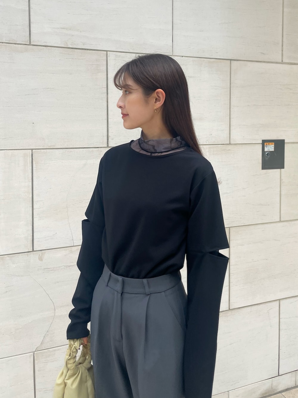 グレー系のTシャツ/カットソー、ブラック系のTシャツ/カットソー、ベージュ系のバッグを着用したレディースの秋コーディネートの2枚目の写真