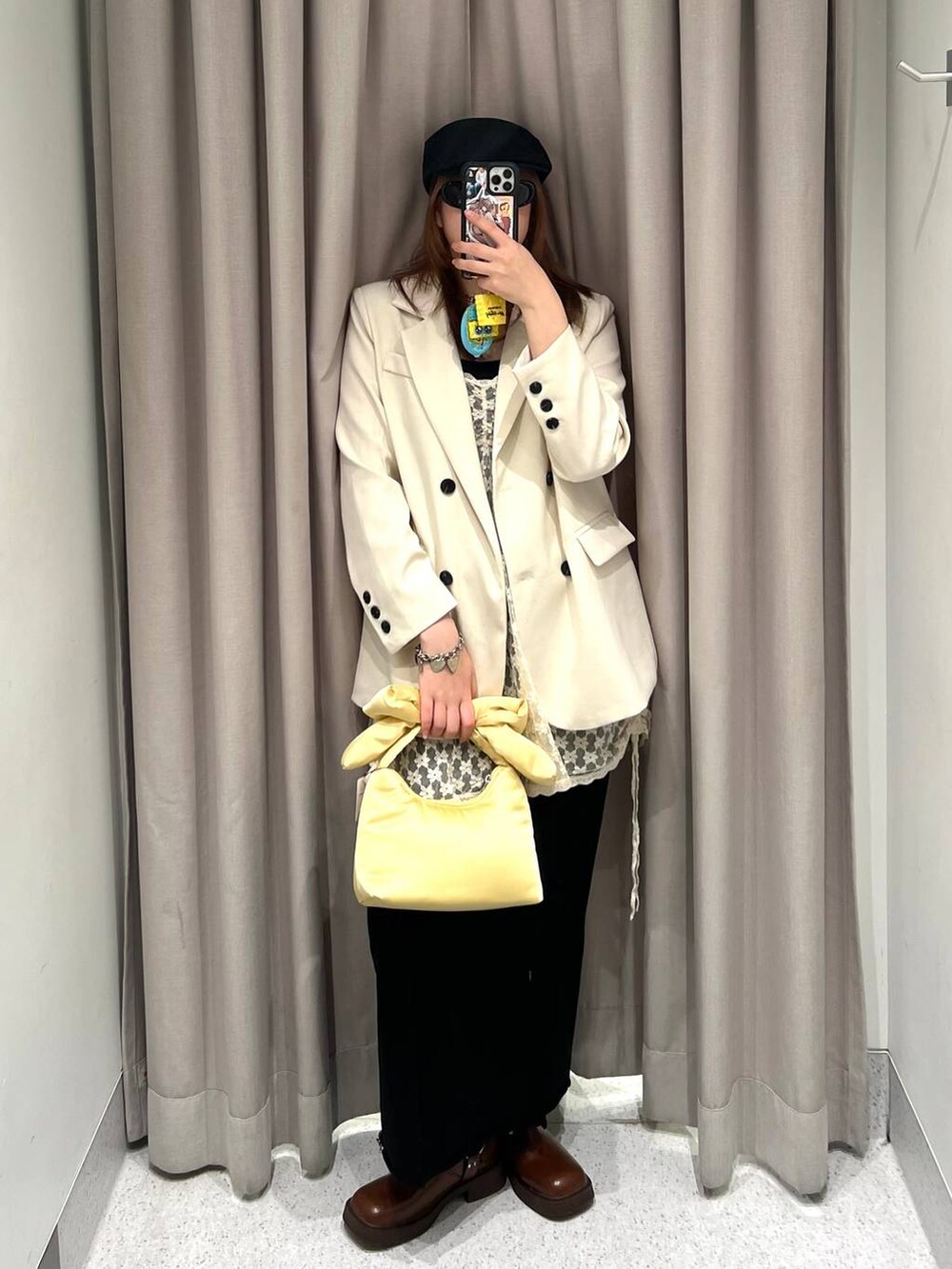「高身長、オーバーサイズ、体型カバー、差し色コーデ、骨格ストレート、着痩せ、FOREVER 21、スカート、ワンピース、ジャケット、サングラス」|「FOREVER 21の【2025SS】ミドルベルトブーツ(ブーツ、ブラウン系)」を使った、ちぃ。さん(レディース・165cm)の春コーディネートの7枚目の写真