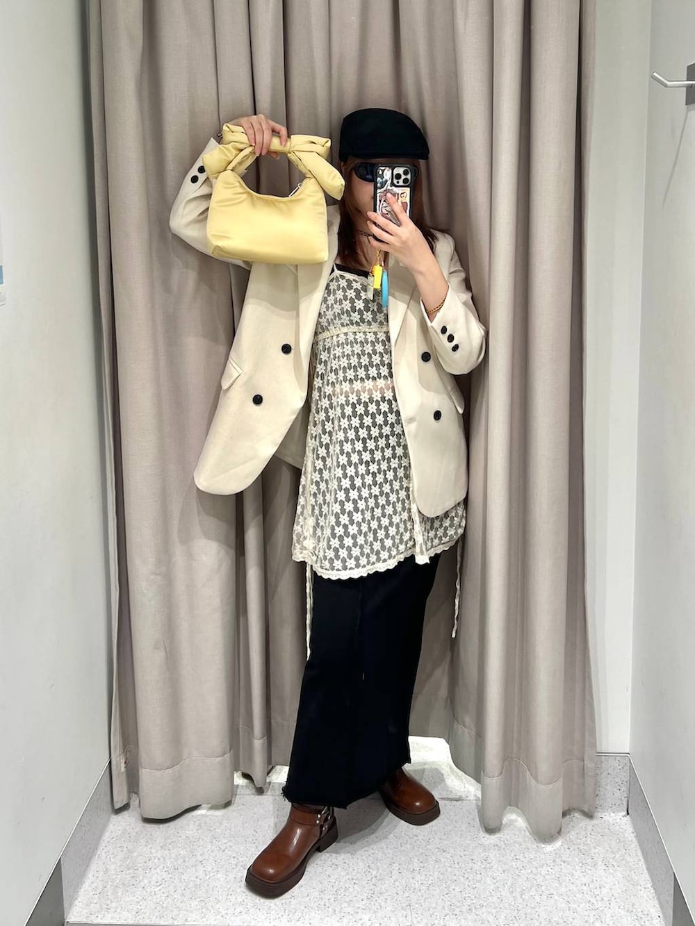 「高身長、オーバーサイズ、体型カバー、差し色コーデ、骨格ストレート、着痩せ、FOREVER 21、スカート、ワンピース、ジャケット、サングラス」|「FOREVER 21の【2025SS】ミドルベルトブーツ(ブーツ、ブラウン系)」を使った、ちぃ。さん(レディース・165cm)の春コーディネートの5枚目の写真