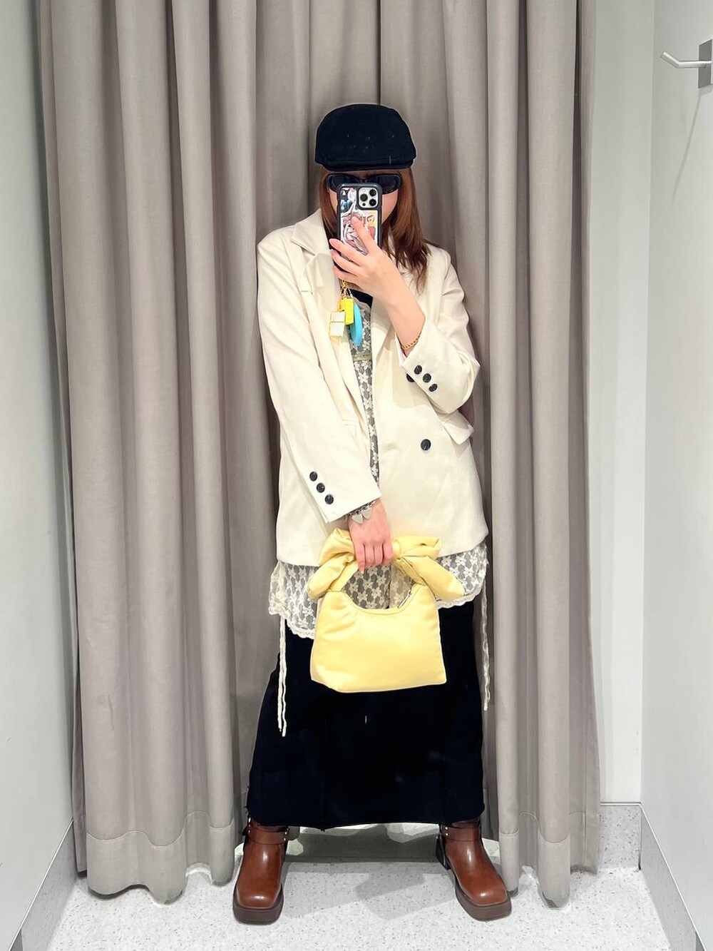 「高身長、オーバーサイズ、体型カバー、差し色コーデ、骨格ストレート、着痩せ、FOREVER 21、スカート、ワンピース、ジャケット、サングラス」|「FOREVER 21の【2025SS】ミドルベルトブーツ(ブーツ、ブラウン系)」を使った、ちぃ。さん(レディース・165cm)の春コーディネートの4枚目の写真