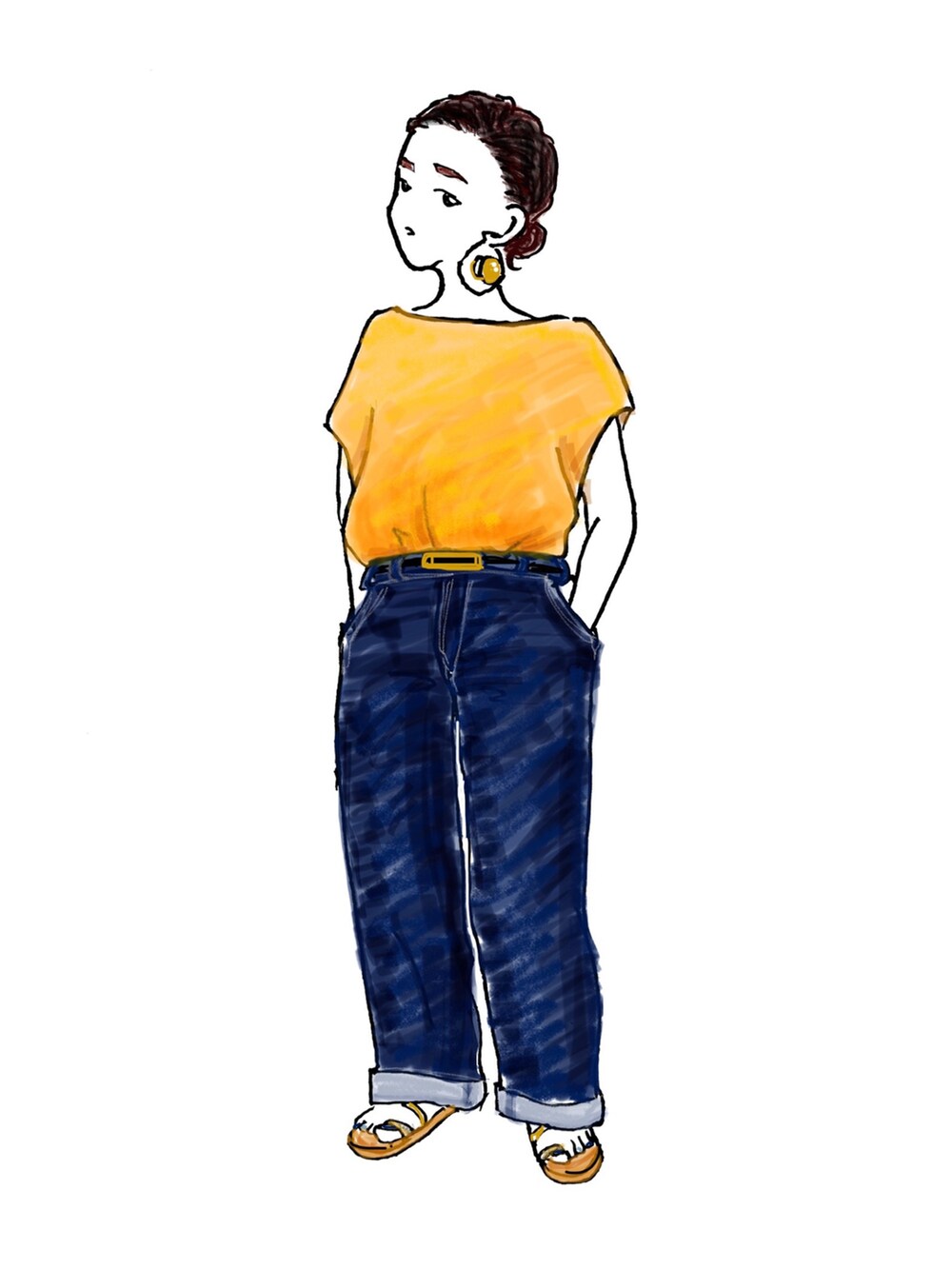 イエロー系のニット/セーター、ブルー系のデニムパンツ、ホワイト系のサンダルを着用したレディースの夏コーディネートの2枚目の写真