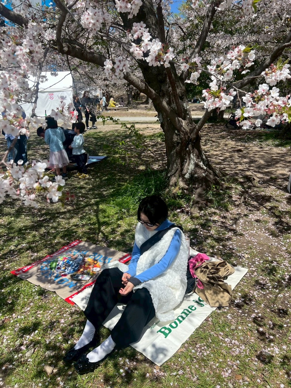 ブルー系のニット/セーター、ホワイト系のその他トップス、ブラック系のパンプスを着用したレディースの春コーディネートの2枚目の写真