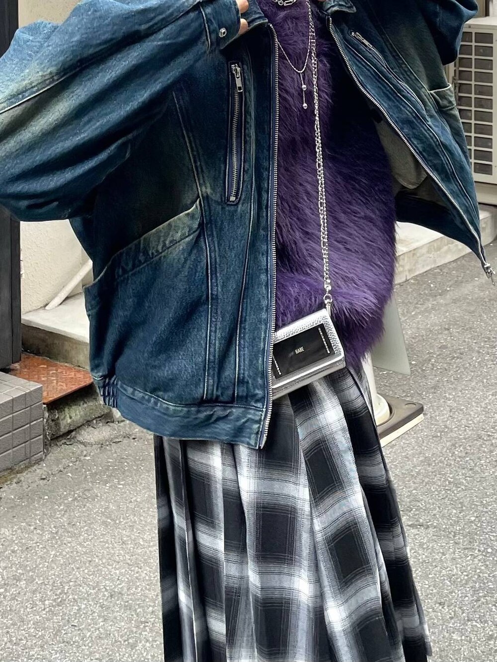 「ゆったり、ユニセックス、個性派、秋コーデ、HARE、デニムパンツ、デニムジャケット、モテ、モード、きれいめ、カラーコーデ_HARE」｜「HAREの【SETUP対応】ZIPレイヤードデニムパンツ(HARE)（デニムパンツ、ブルー系）」を使った、ウエノ シンヤさん（メンズ・176cm）の秋コーディネートの3枚目の写真