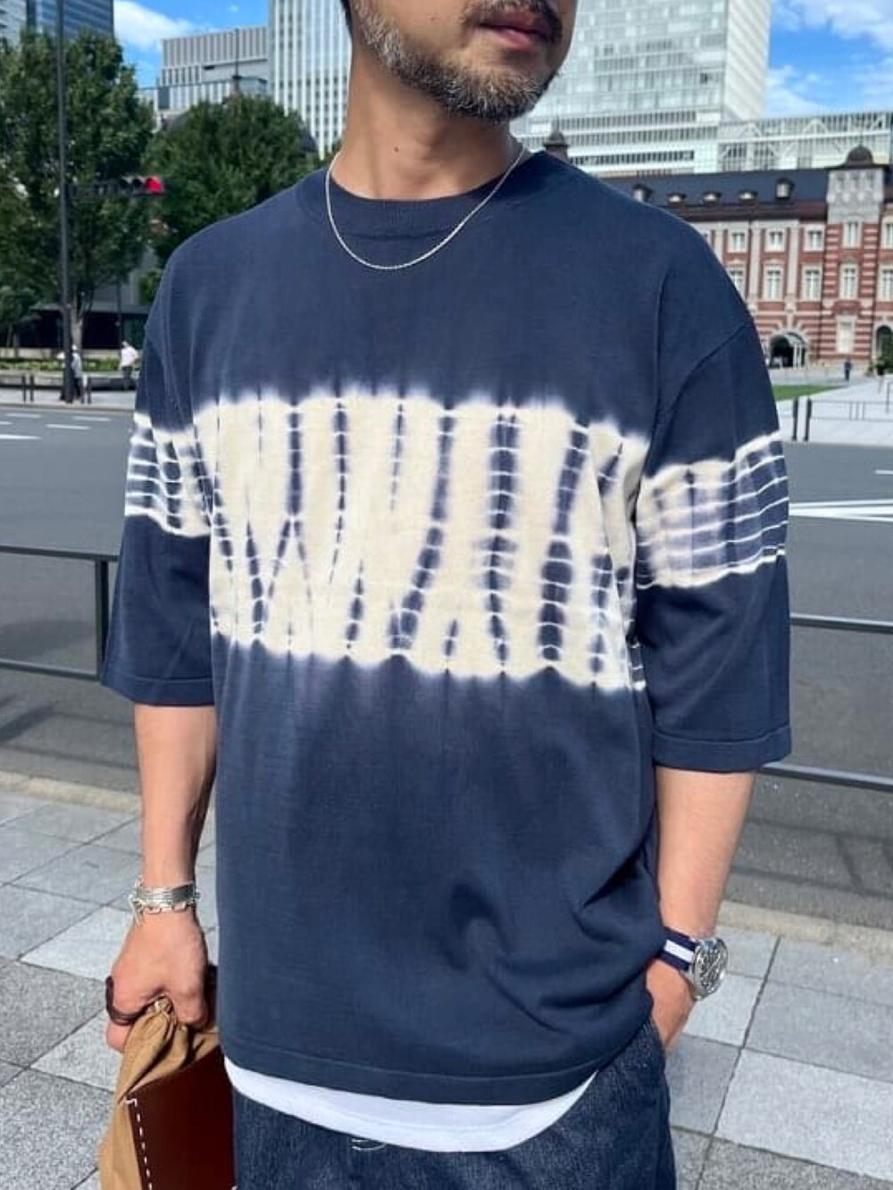 ブルー系のTシャツ/カットソー、ブルー系のデニムパンツ、ブラウン系のハンドバッグを着用したメンズの夏コーディネートの4枚目の写真
