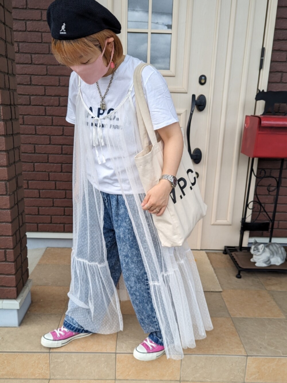 「大人カジュアル、チュールワンピ、A.P.C.、ピンク、ケミカルデニム」｜「niko and...のドットチュールカバーキャミソール（ワンピース、ホワイト系）」を使った、ゆきだるま☆さん（レディース・148cm）の夏コーディネートの2枚目の写真