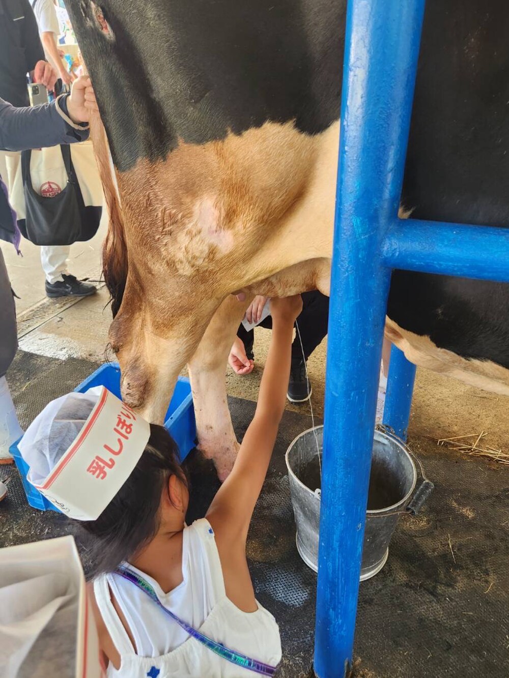 ホワイト系のワンピース、ブラック系のビーチサンダル、ブルー系のショルダーバッグを着用したキッズの夏コーディネートの5枚目の写真