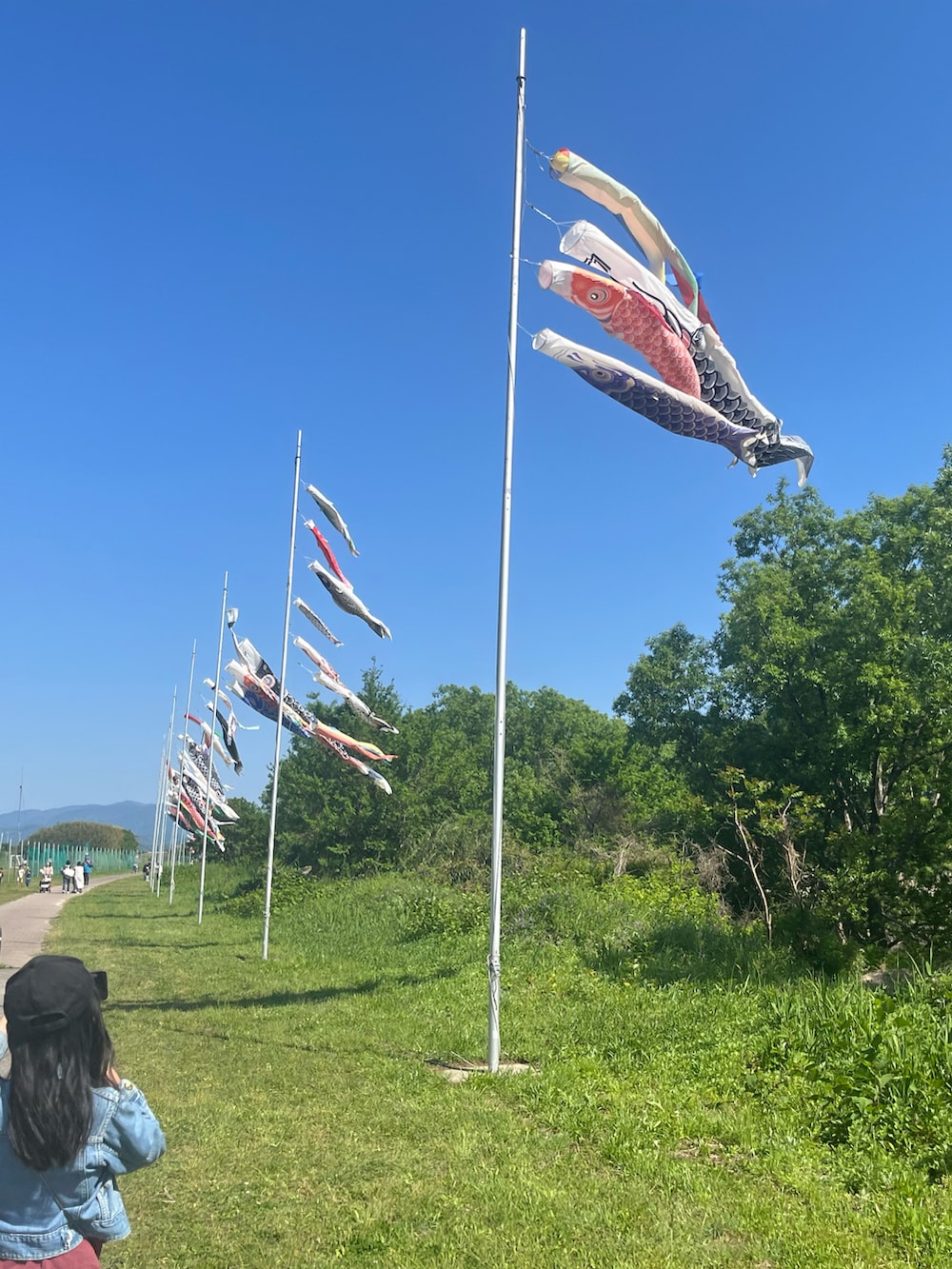 ブラック系のスニーカー、グレー系のスウェットパンツ、ブルー系のデニムジャケットを着用したキッズの春コーディネートの2枚目の写真