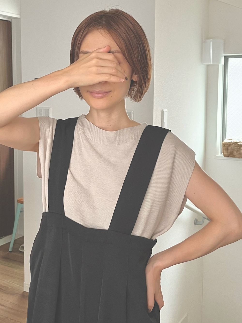 「お出かけコーデ、おしゃれさんと繋がりたい、ニットトップス」｜「andmeのフレンチスリーブニットソートップス（Tシャツ/カットソー、ベージュ系）」を使った、❁ a i  ❁さん（レディース・158cm）の夏コーディネートの2枚目の写真