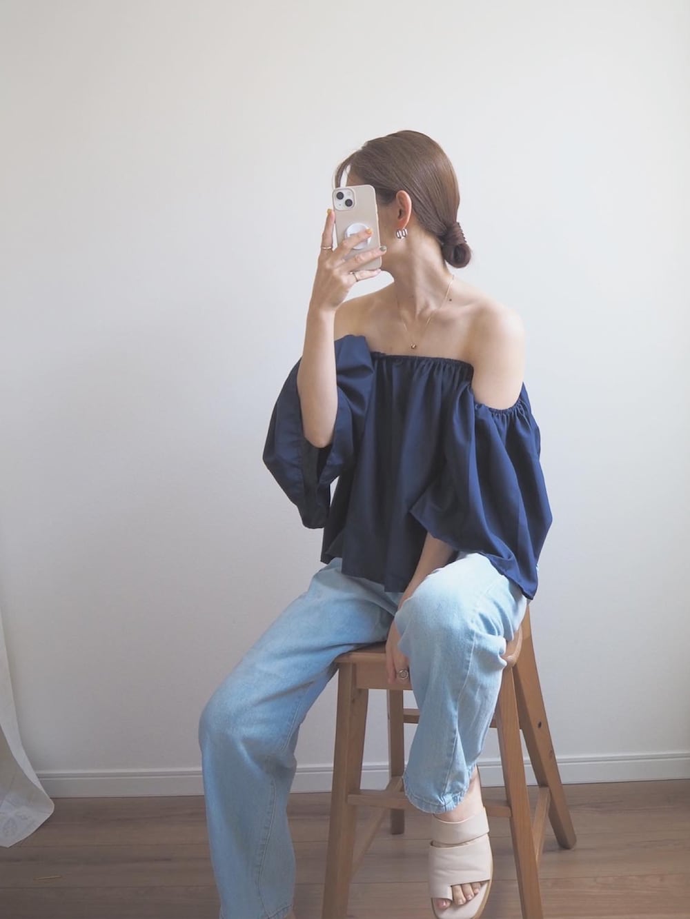 「カジュアルスタイル、シンプルスタイル、夏服、オフショル」｜「deux amourのオフショルダーフレアトップス（その他トップス、ブルー系）」を使った、❁ a i  ❁さん（レディース・158cm）の夏コーディネートの2枚目の写真