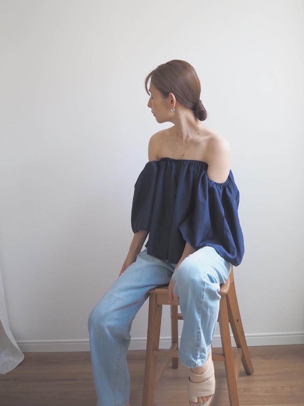 「カジュアルスタイル、シンプルスタイル、夏服、オフショル」｜「deux amourのオフショルダーフレアトップス（その他トップス、ブルー系）」を使った、❁ a i  ❁さん（レディース・158cm）の夏コーディネートの3枚目の写真
