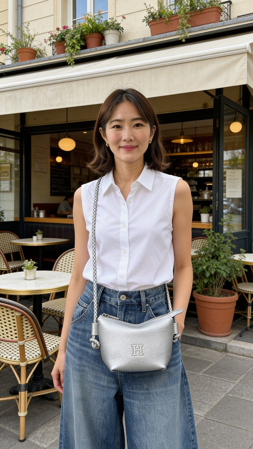 シルバー系のショルダーバッグを着用したキッズの春コーディネートの2枚目の写真
